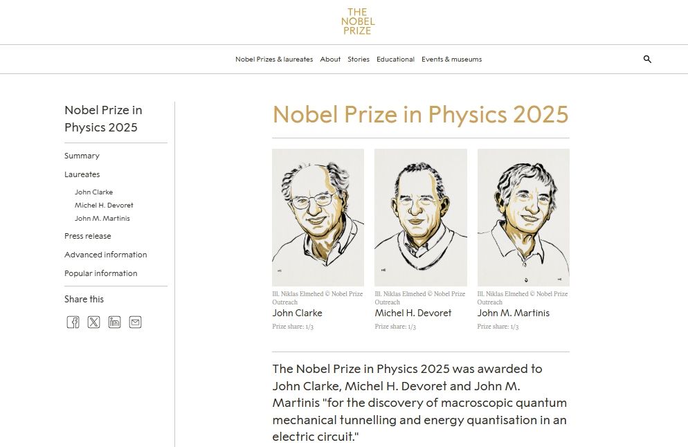 因量子力学领域贡献，3名科学家获颁2025年诺贝尔物理学奖（2025/10/07）